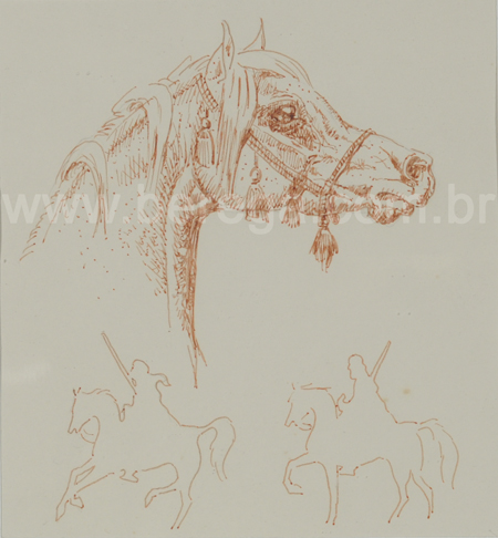 Desenho de esboço para trab em bico de pena de cavalos árabes - não datado