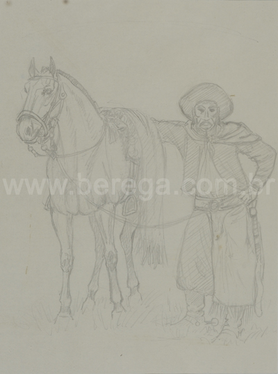 Desenho em grafite de gaúcho típico ao lado de cavalo crioulo - não datado