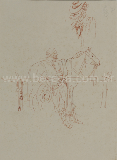 Desenho de gaúcho do sec XIX recostado em cerca com cavalo - não datado